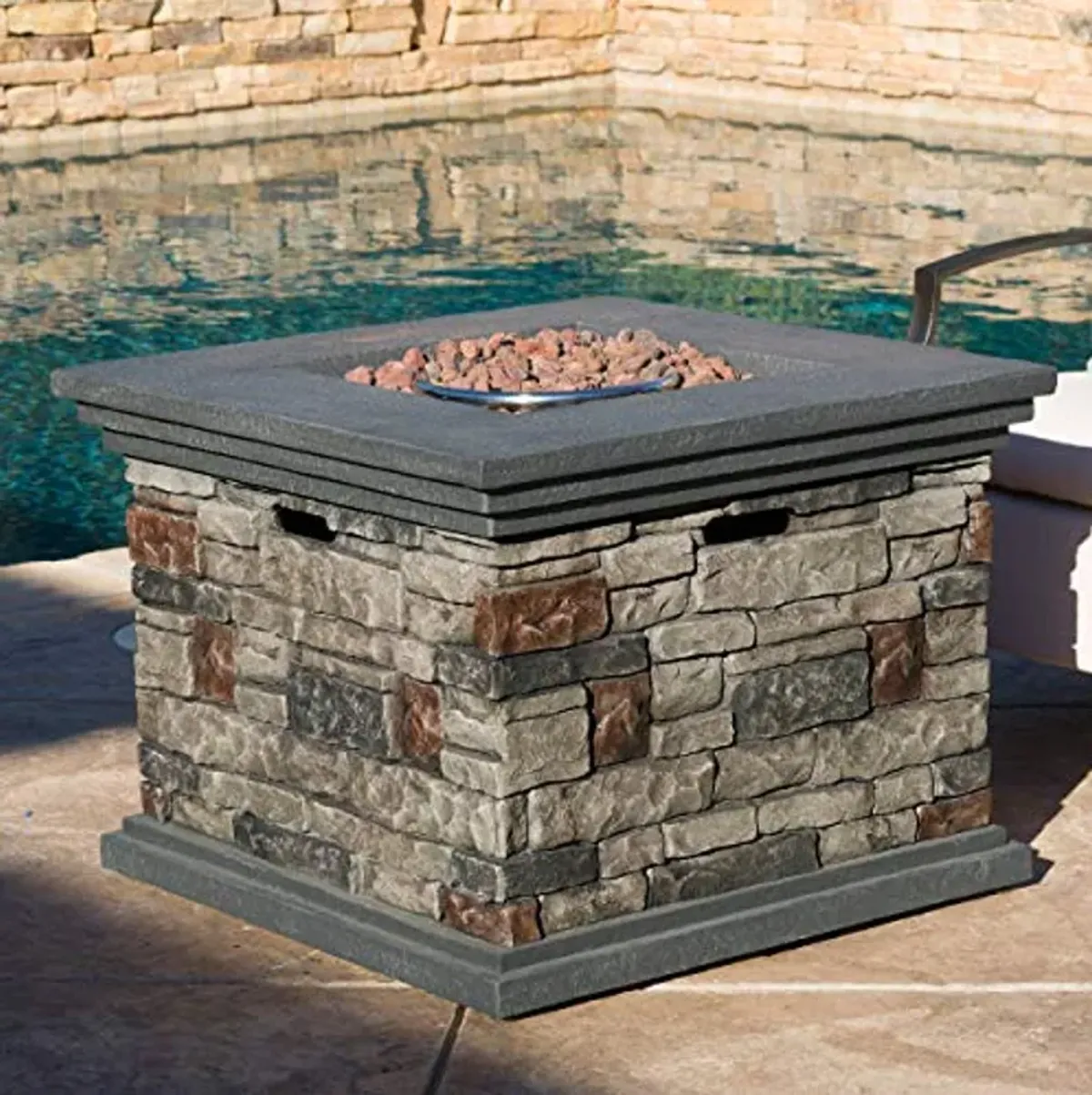 Christopher Knight Home Chesney Magnesium Oxide Square Gas Fire Pit, Stone Finish