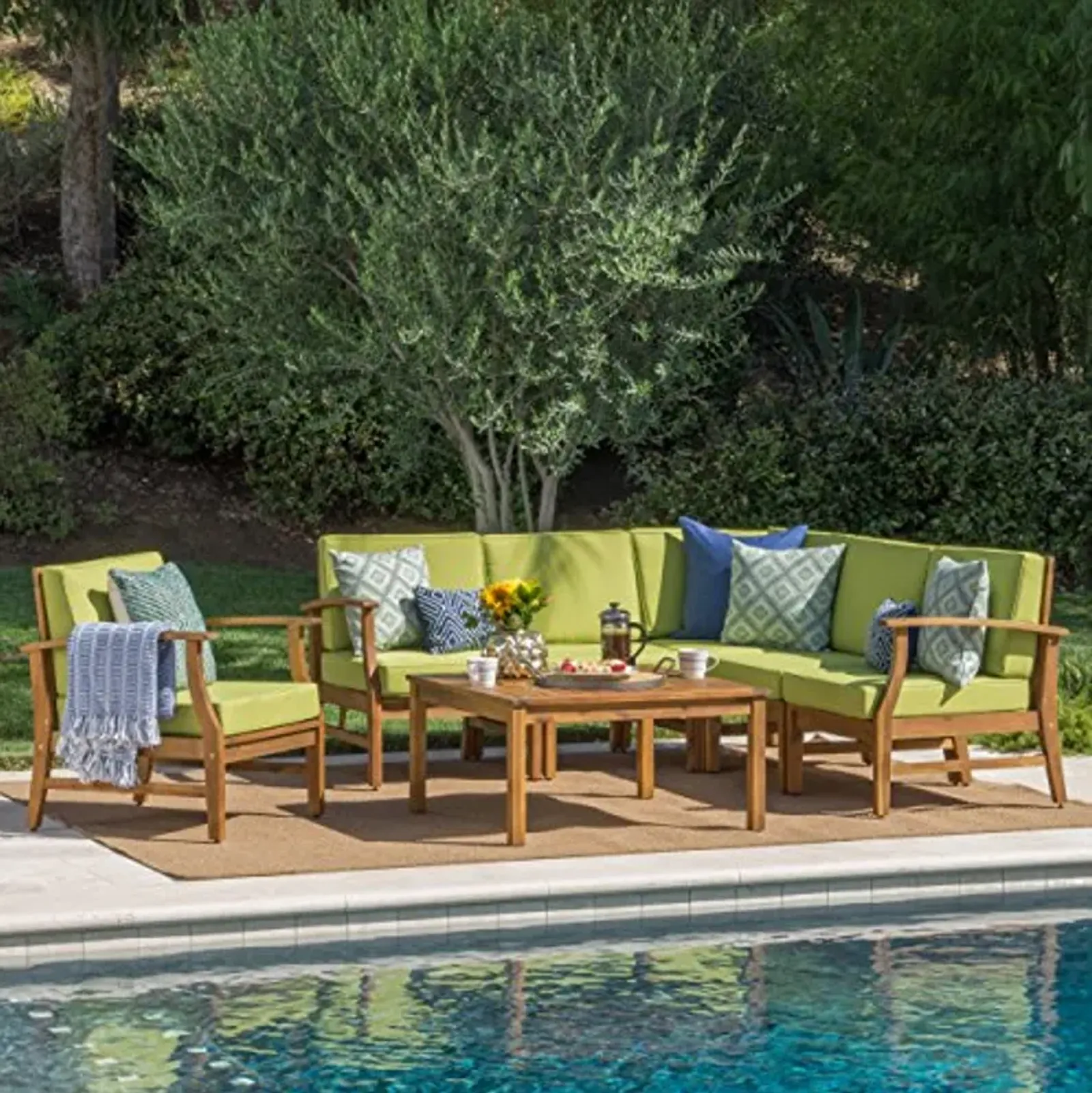 Christopher Knight Home Perla Outdoor Acacia Wood Sofa Set with Water Resistant Cushions, 7-Pcs Set, Teak Finish / Green