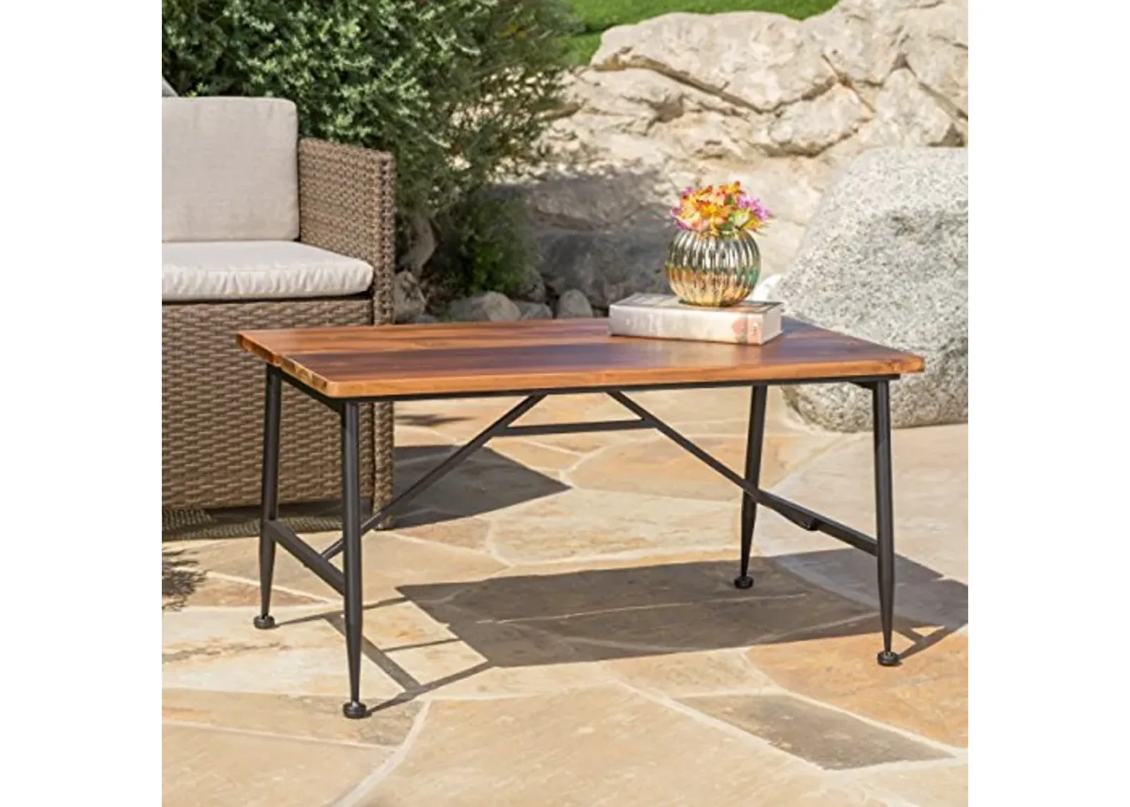 Christopher Knight Home Ocala Outdoor Industrial Wood Coffee Table with Iron Accents, Black / Antique Finish