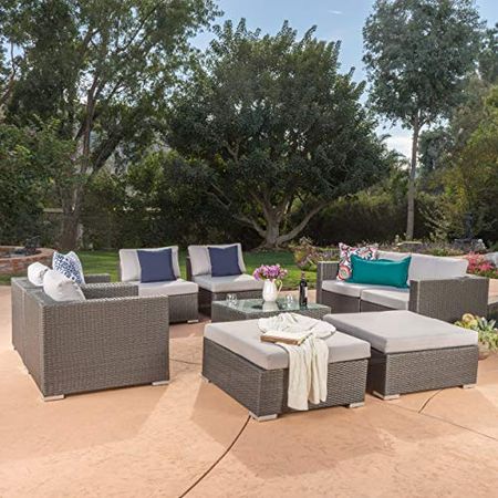 Christopher Knight Home Santa Rosa Outdoor 6-Seater Wicker Sectional with Aluminum Frame and Water Resistant Cushions, 9-Pcs Set, Grey / Silver