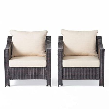 Christopher Knight Home Antibes Outdoor Wicker Club Chairs with Water Resistant Fabric Cushions, 2-Pcs Set, Multibrown / Beige
