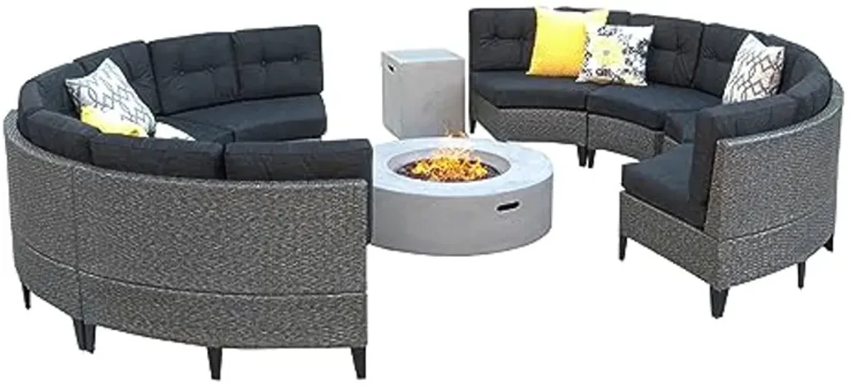 Christopher Knight Home Navagio Outdoor Wicker Full Round Sofa Set with Fire Table, 10-Pcs Set, Mixed Black / Dark Grey / Dark Grey