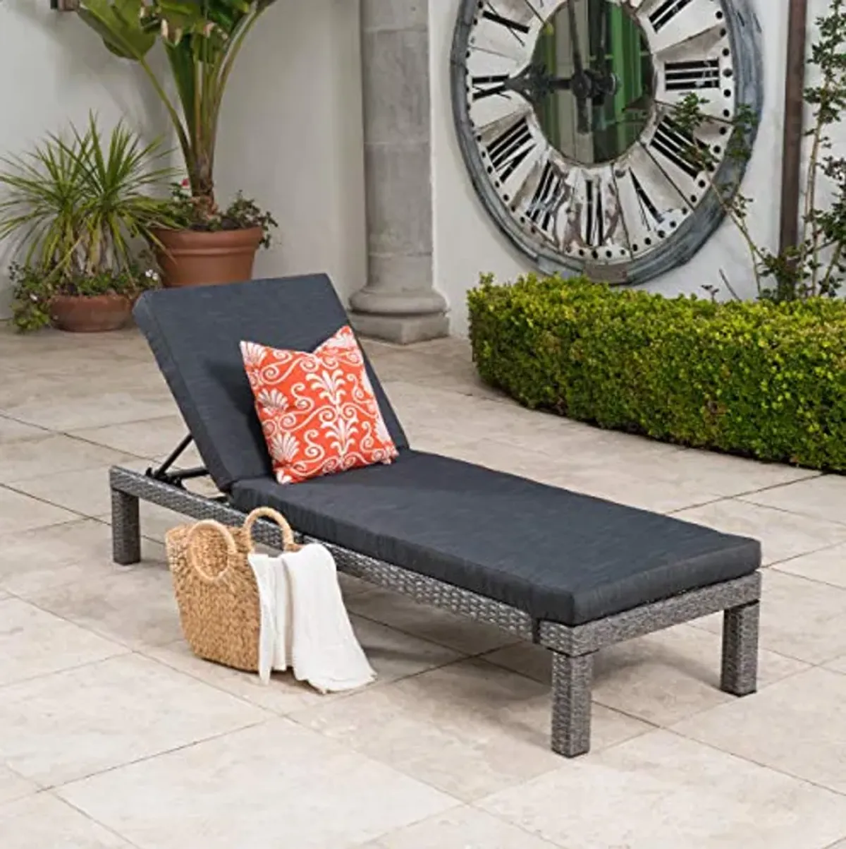 Christopher Knight Home Puerta Outdoor Wicker Chaise Lounge with Water Resistant Cushion, Mixed Black / Dark Grey