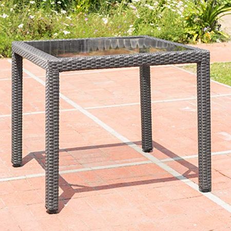 Christopher Knight Home San Pico Outdoor Square Wicker Dining Table with Tempered Glass Top, Grey