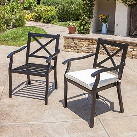 Christopher Knight Home Exuma Outdoor Cast Aluminum Dining Chairs with Water Resistant Cushions, 2-Pcs Set, Black / Ivory
