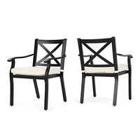 Christopher Knight Home Exuma Outdoor Cast Aluminum Dining Chairs with Water Resistant Cushions, 2-Pcs Set, Black / Ivory