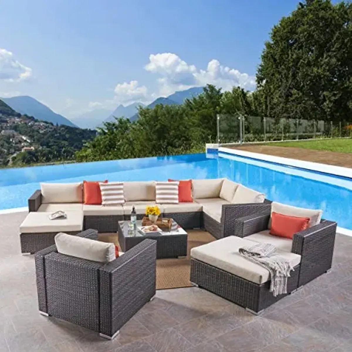 Christopher Knight Home Tom Rosa Outdoor 8 Seater Wicker Sectional Sofa Set, Multibrown with Beige Cushions