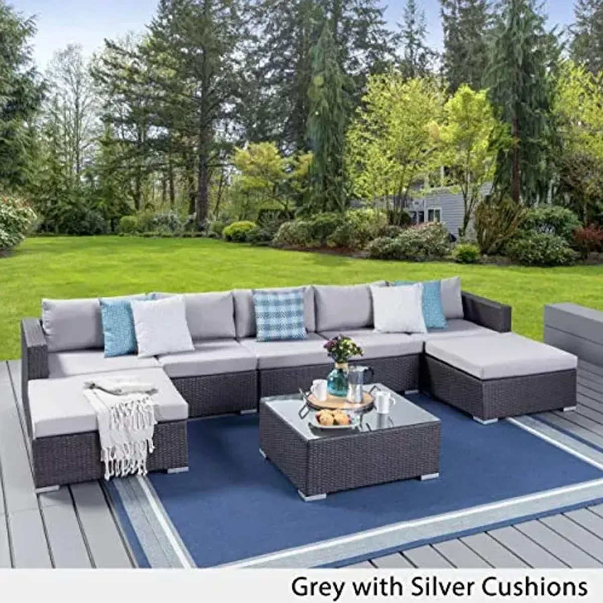 Christopher Knight Home Tom Rosa Outdoor 5 Seater Wicker Sectional Sofa Set, Grey with Silver Cushions