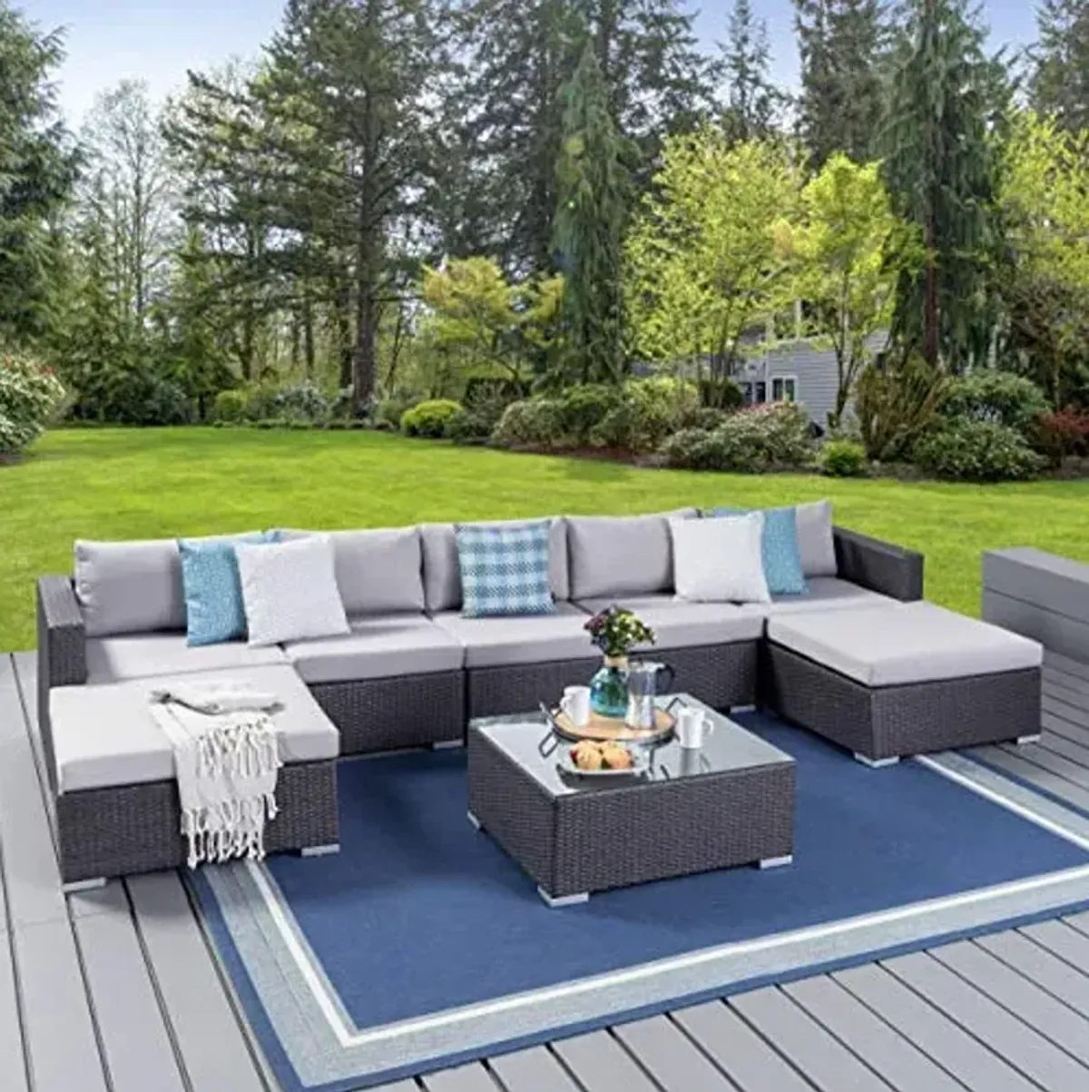 Christopher Knight Home Tom Rosa Outdoor 5 Seater Wicker Sectional Sofa Set, Grey with Silver Cushions