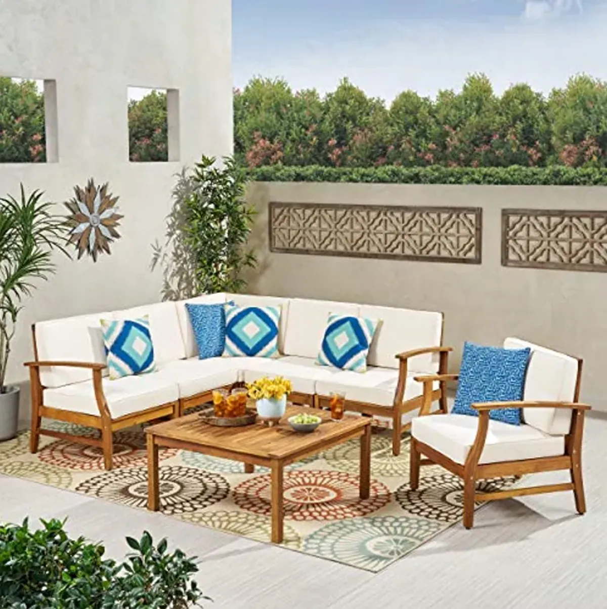 Christopher Knight Home Perla Outdoor Acacia Wood Sofa Set with Water Resistant Cushions, 7-Pcs Set, Teak Finish / Cream