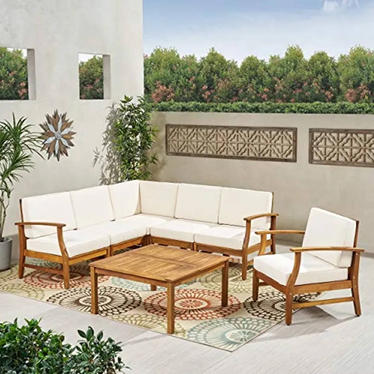 Christopher Knight Home Perla Outdoor Acacia Wood Sofa Set with Water Resistant Cushions, 7-Pcs Set, Teak Finish / Cream