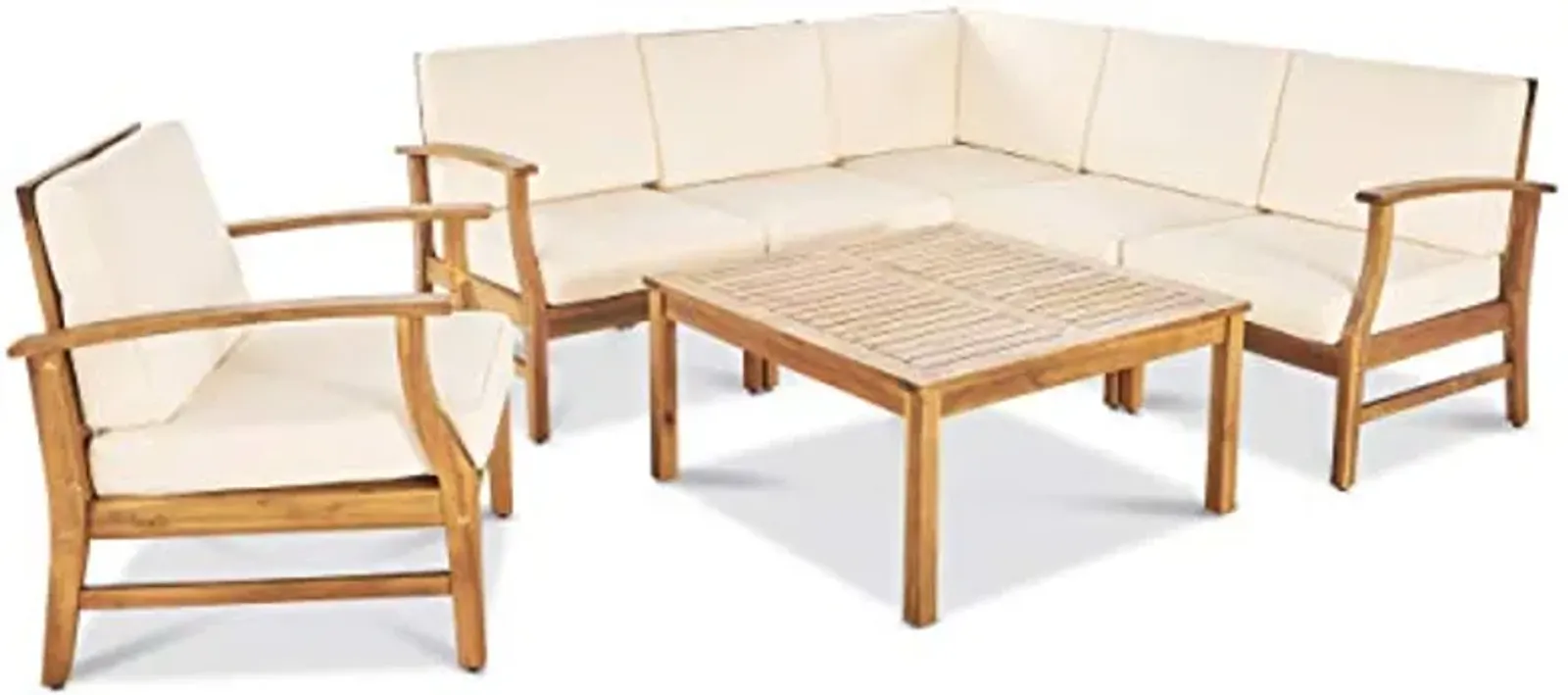 Christopher Knight Home Perla Outdoor Acacia Wood Sofa Set with Water Resistant Cushions, 7-Pcs Set, Teak Finish / Cream