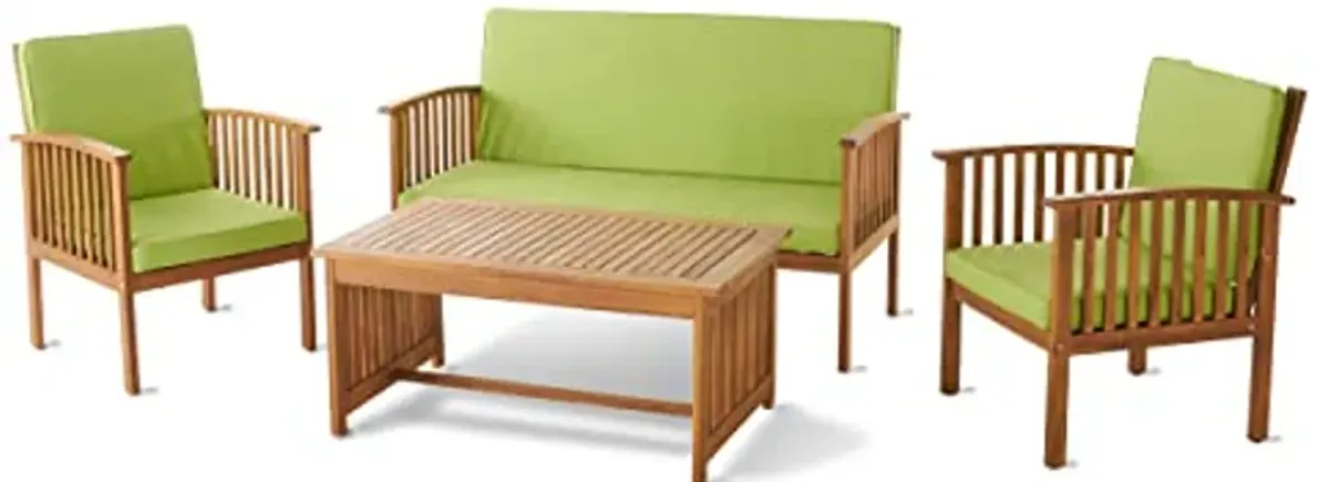 Christopher Knight Home Carolina Outdoor Acacia Wood Sofa Set with Water Resistant Cushions, 4-Pcs Set, Brown Patina / Light Green