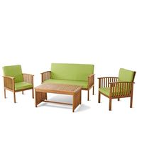 Christopher Knight Home Carolina Outdoor Acacia Wood Sofa Set with Water Resistant Cushions, 4-Pcs Set, Brown Patina / Light Green