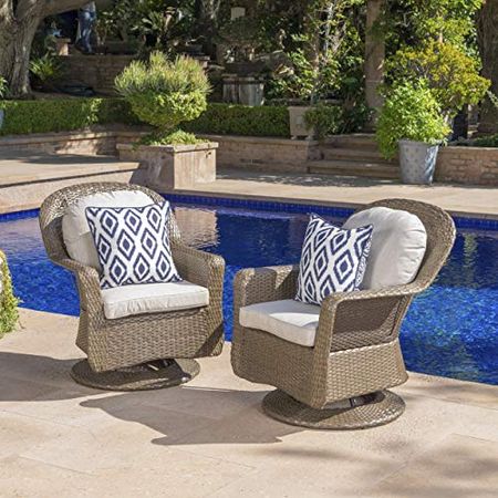 Christopher Knight Home Liam Outdoor Wicker Swivel Club Chairs with Water Resistant Cushions, 2-Pcs Set, Brown / Ceramic Grey