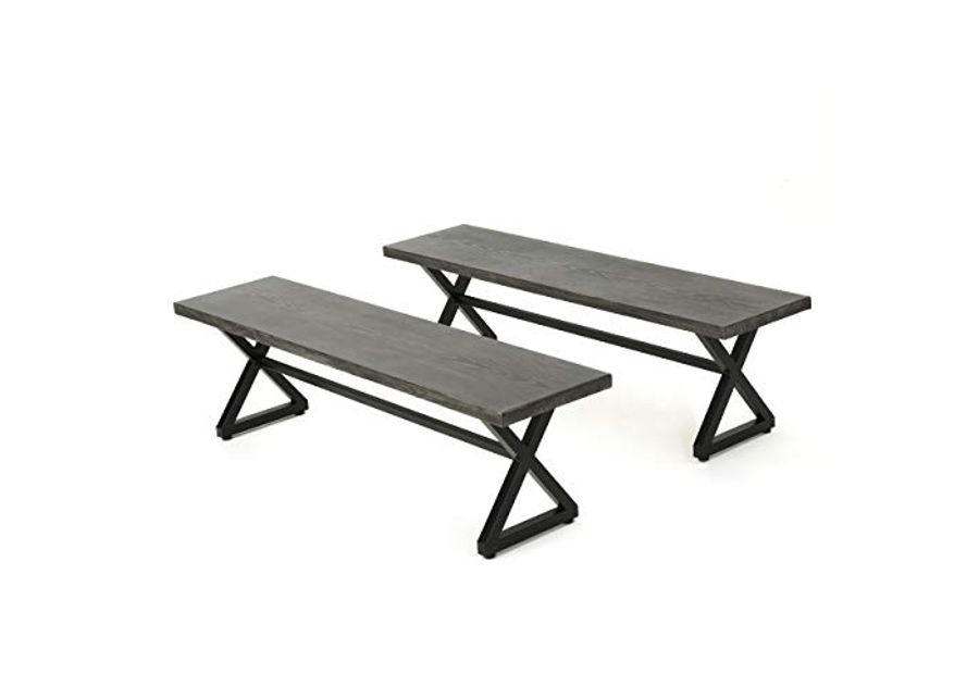 Christopher Knight Home Rolando Outdoor Aluminum Dining Benches with Steel Frame, 2-Pcs Set, Grey / Black