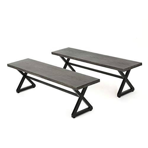 Christopher Knight Home Rolando Outdoor Aluminum Dining Benches with Steel Frame, 2-Pcs Set, Grey / Black