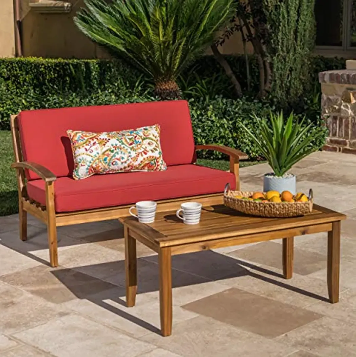 Christopher Knight Home Peyton Outdoor Acacia Wood Loveseat and Coffee Table Set with Water Resistant Cushions, Teak Finish / Red