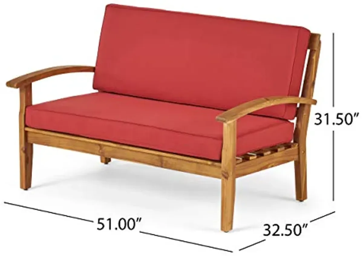 Christopher Knight Home Peyton Outdoor Acacia Wood Loveseat and Coffee Table Set with Water Resistant Cushions, Teak Finish / Red