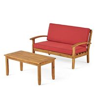 Christopher Knight Home Peyton Outdoor Acacia Wood Loveseat and Coffee Table Set with Water Resistant Cushions, Teak Finish / Red