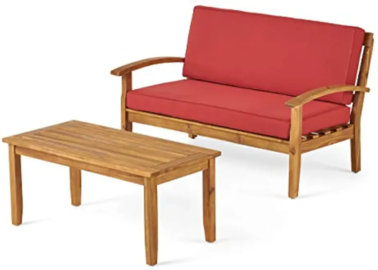 Christopher Knight Home Peyton Outdoor Acacia Wood Loveseat and Coffee Table Set with Water Resistant Cushions, Teak Finish / Red