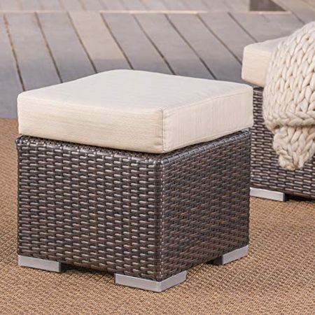 Christopher Knight Home Santa Rosa Outdoor 16" Wicker Ottoman Seat with Water Resistant Cushion, Multibrown / Beige