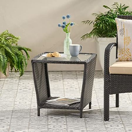 Christopher Knight Home Weston Outdoor Wicker Side Table with Glass Top, Multibrown