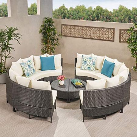 Christopher Knight Home Newton Outdoor 16-Seater Wicker Sofa Set with Water Resistant Fabric Cushions, 10-Pcs Set, Grey / White