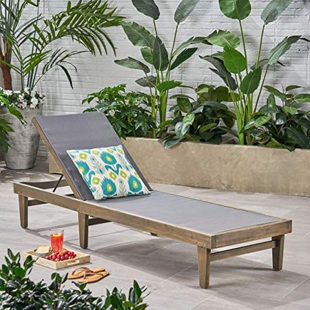 Christopher Knight Home Summerland Outdoor Mesh Chaise Lounge with Acacia Wood Frame, Grey Finish / Dark Grey Mesh