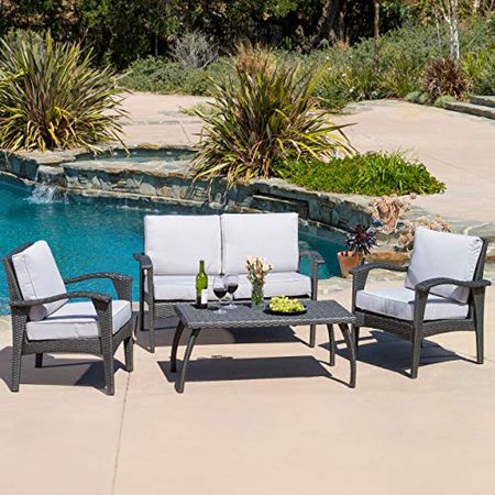 Christopher Knight Home Honolulu Outdoor Wicker Seating Set and Cushions, 4-Pcs Set, Grey