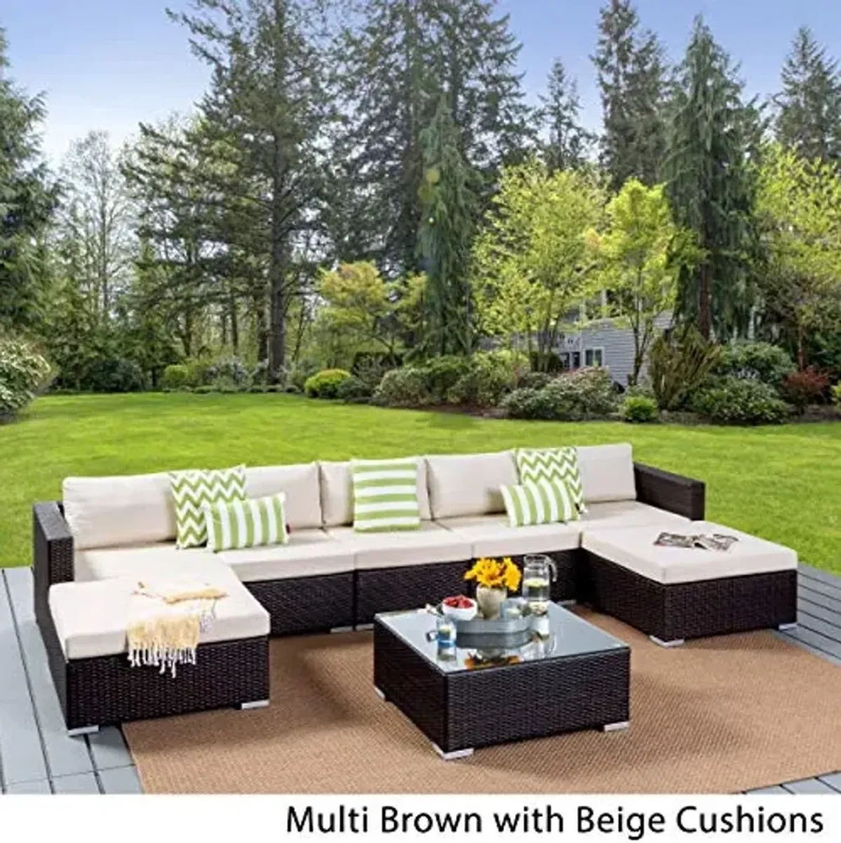 Christopher Knight Home 304752 Tom Rosa Outdoor 5 Seater Wicker Sectional Sofa Set, Multibrown with Beige Cushions