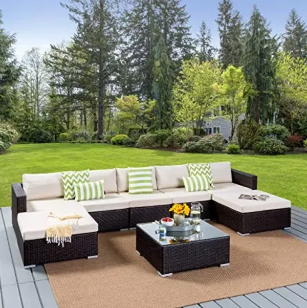 Christopher Knight Home 304752 Tom Rosa Outdoor 5 Seater Wicker Sectional Sofa Set, Multibrown with Beige Cushions