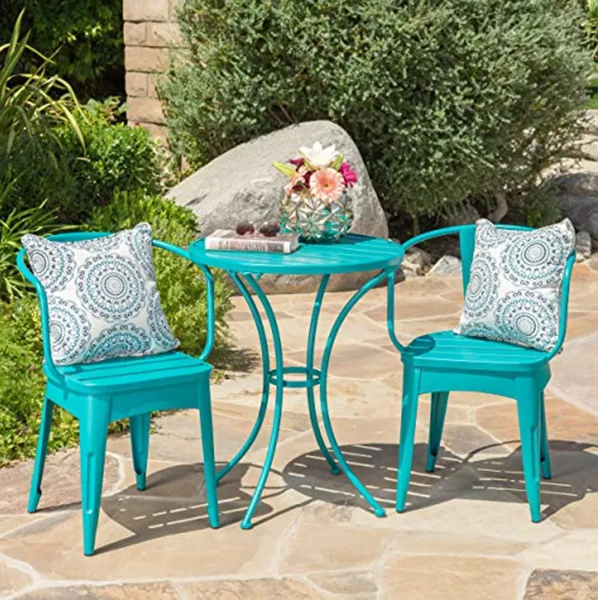 Christopher Knight Home Colmar Outdoor Iron Bistro Set, 3-Pcs Set, Matte Teal