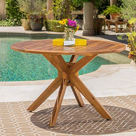 Christopher Knight Home Stamford Outdoor Acacia Wood Round Dining Table, Teak Finish