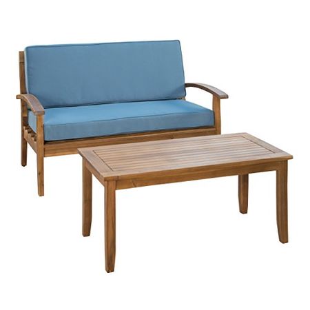 Christopher Knight Home Peyton Outdoor Acacia Wood Loveseat and Coffee Table Set with Water Resistant Cushions, Teak Finish / Blue