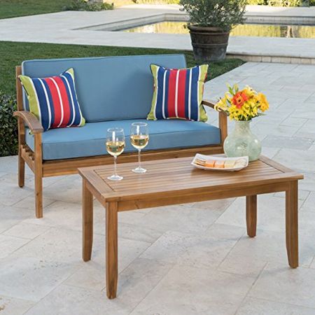 Christopher Knight Home Peyton Outdoor Acacia Wood Loveseat and Coffee Table Set with Water Resistant Cushions, Teak Finish / Blue