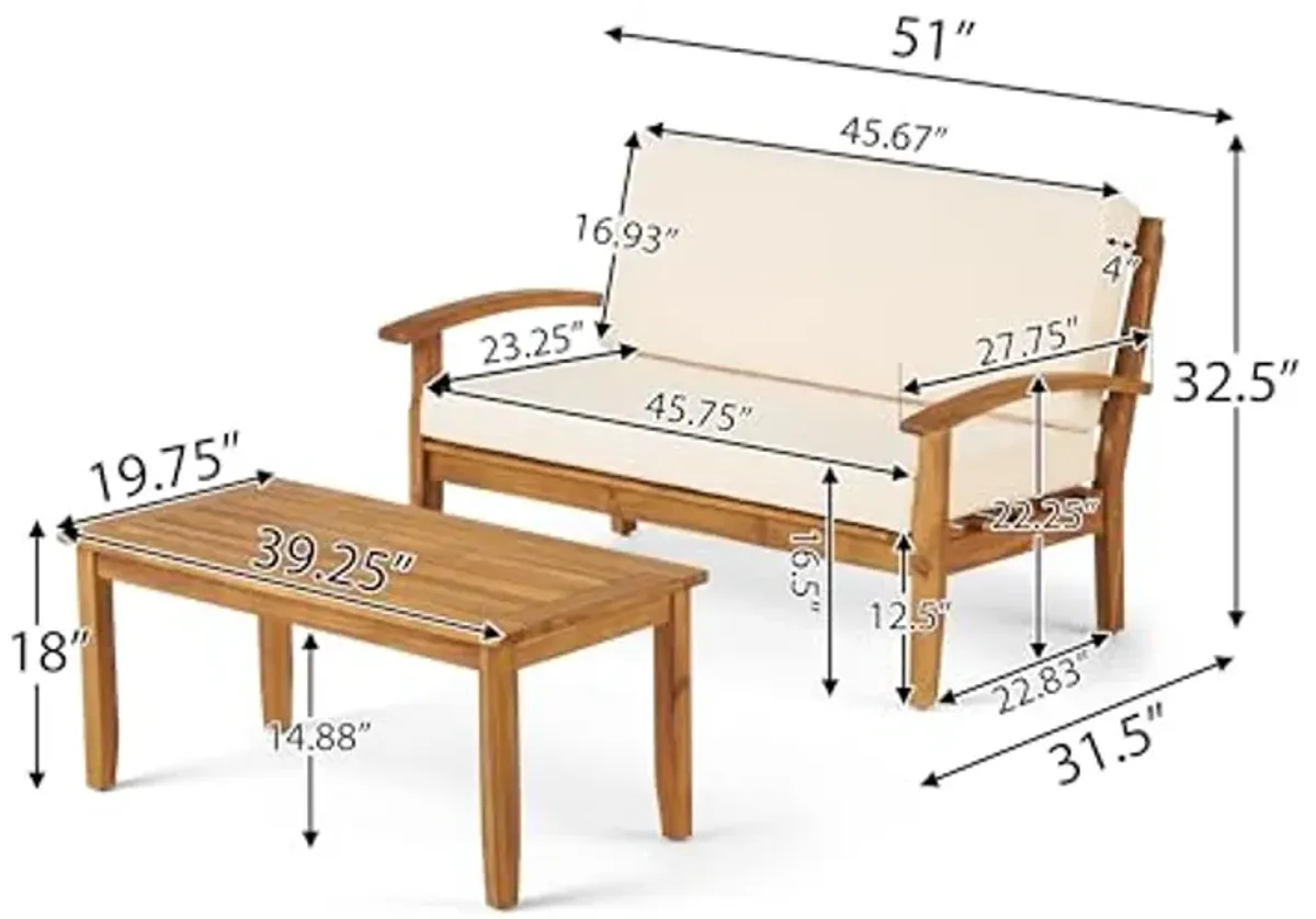 Christopher Knight Home Peyton Outdoor Acacia Wood Loveseat and Coffee Table Set with Water Resistant Cushions, Teak Finish / Beige