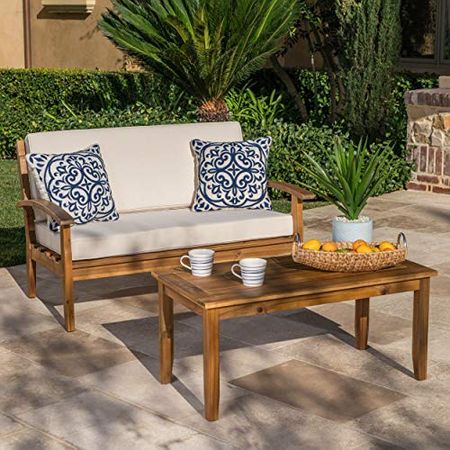 Christopher Knight Home Peyton Outdoor Acacia Wood Loveseat and Coffee Table Set with Water Resistant Cushions, Teak Finish / Beige