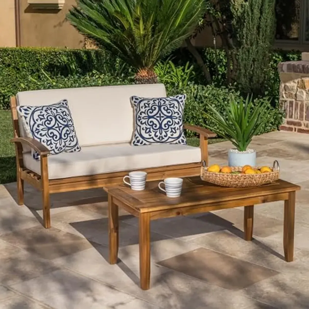 Christopher Knight Home Peyton Outdoor Acacia Wood Loveseat and Coffee Table Set with Water Resistant Cushions, Teak Finish / Beige