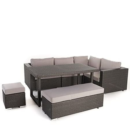Christopher Knight Home Santa Rosa Outdoor 7-Seater Dining Sofa Set with Aluminum Frame and Water Resistant Cushions, Grey / Silver Cushions
