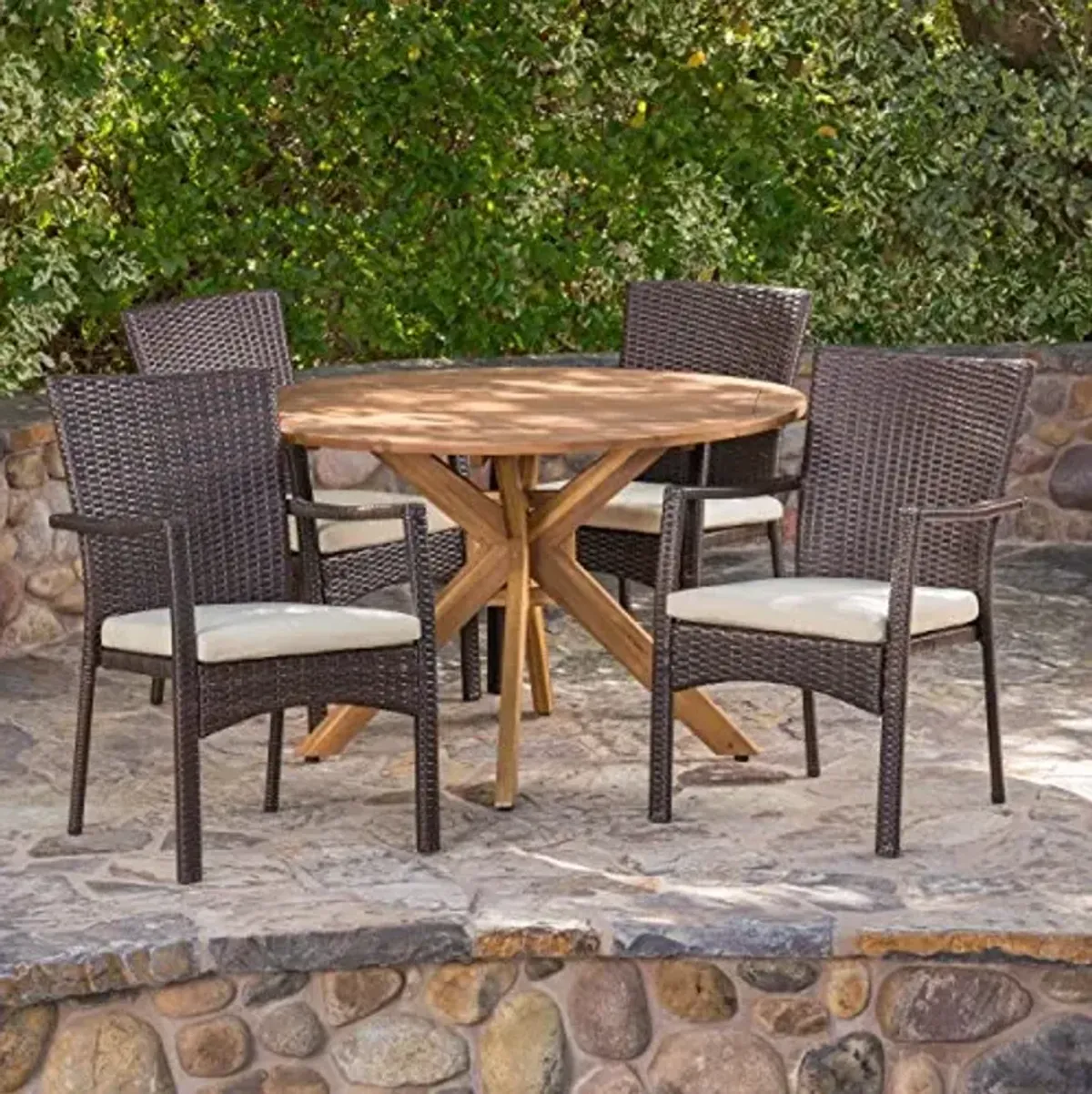 Christopher Knight Home Stamford Outdoor Wicker Dining Set with Acacia Wood Circular Table and Water Resistant Cushions, 5-Pcs Set, Teak Finish / Brown / Crème Cushion