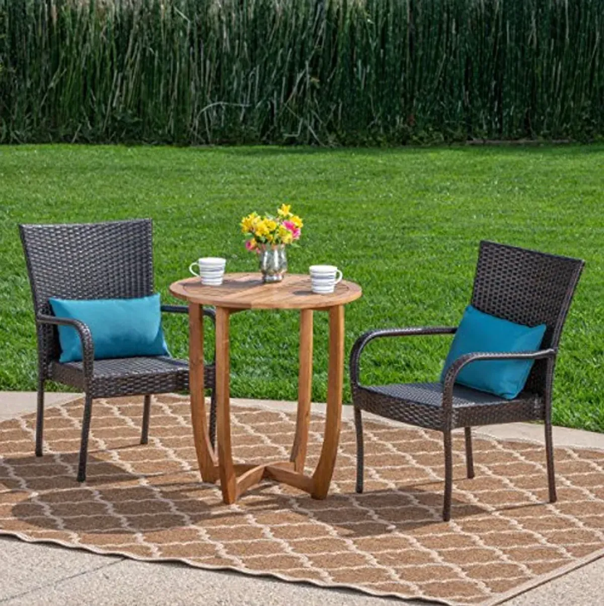 Christopher Knight Home Michael Outdoor 3 Piece Acacia Wood/Wicker Bistro Set, Finish, Teak/Multibrown