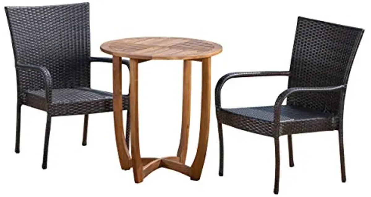 Christopher Knight Home Michael Outdoor 3 Piece Acacia Wood/Wicker Bistro Set, Finish, Teak/Multibrown