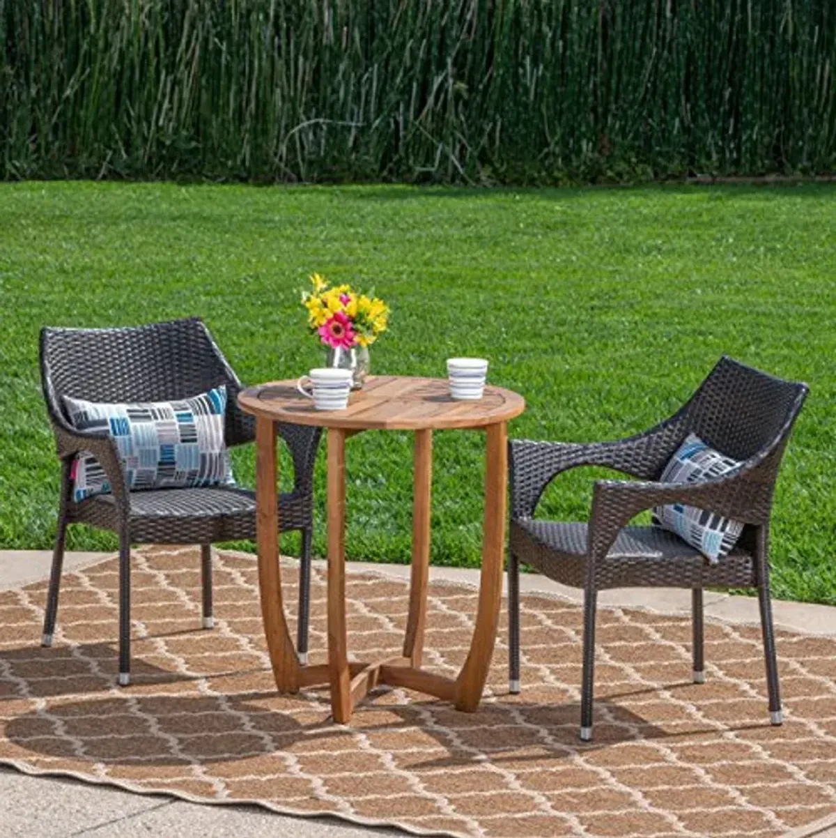 Christopher Knight Home Ethan Outdoor 3 Piece Acacia Wood/Wicker Bistro Set, Finish, Teak/Multibrown