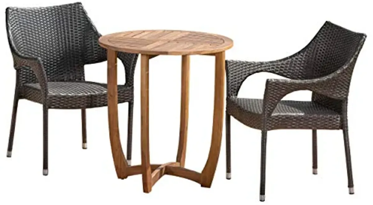 Christopher Knight Home Ethan Outdoor 3 Piece Acacia Wood/Wicker Bistro Set, Finish, Teak/Multibrown