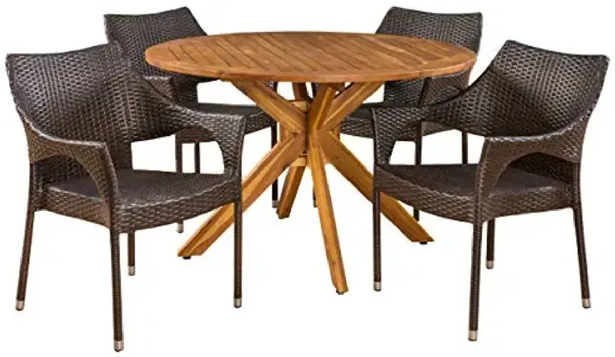 Christopher Knight Home Anthony Outdoor 5 Piece Multibrown Wicker Set with Teak Finish Circular Acacia Wood Dining Table