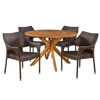 Christopher Knight Home Anthony Outdoor 5 Piece Multibrown Wicker Set with Teak Finish Circular Acacia Wood Dining Table