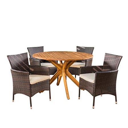 Christopher Knight Home Jacob Outdoor 5 Piece Multibrown Wicker Set with Teak Finish Circular Acacia Wood Dining Table and Beige Water Resistant Cushions
