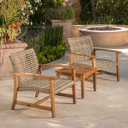 Christopher Knight Home Hampton Outdoor Mid-Century Wicker Club Chairs with Acacia Wood Frame, 2-Pcs Set, Natural Stained / Grey