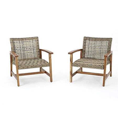 Christopher Knight Home Hampton Outdoor Mid-Century Wicker Club Chairs with Acacia Wood Frame, 2-Pcs Set, Natural Stained / Grey